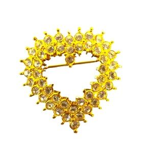 Sparkly Shiny Rhinestone Heart Gold Tone Brooch 1” Pretty